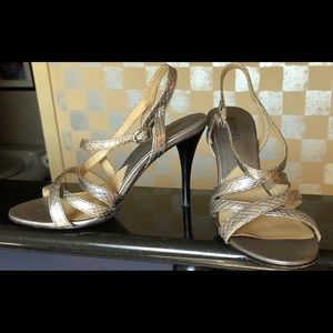 Silver snake skin criss cross high heel sandal